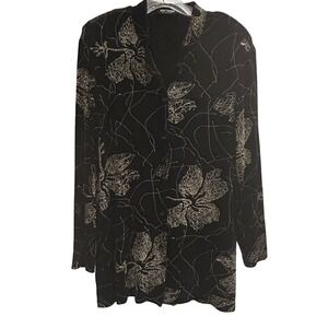 SOFTWEAR by‎ Mark Singer Black Glitter Floral Print Button Front Long Sleeve Top